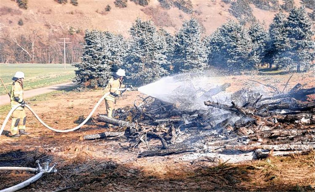 Einsatz am Enztalradweg: Feuerwehrleute löschen den Flächenbrand nahe Lomersheim, der auch auf eine stattliche Weide übergreift.