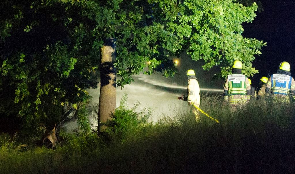 Einsatz am Rand der B10t: Feuerwehrleute beim Löschen des Unfallautos. Foto: Fotomoment