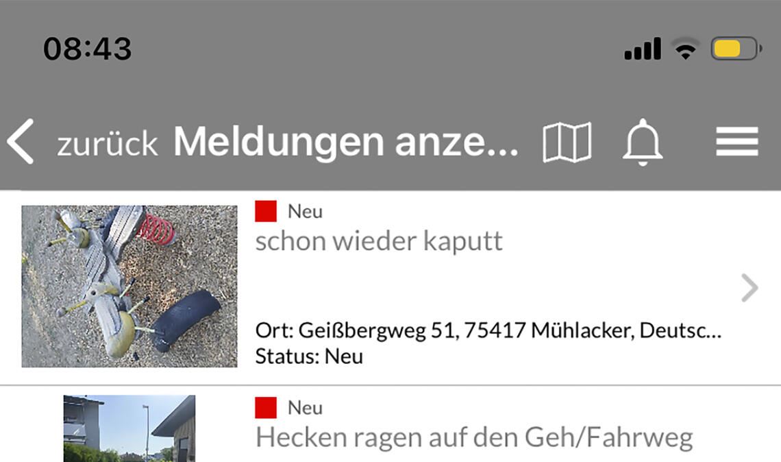 Einträge im „Mängelmelder“ der Stadtverwaltung Mühlacker. Foto: Stahlfeld/Stadt Mühlacker