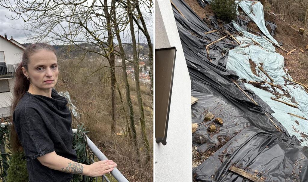 Eleanor von Winter auf ihrem Balkon mit Sicht auf den Hangrutsch, dem die Eigentümer des Nebenhauses mit einer Plane entgegenwirken, um das Wasser abzuleiten.