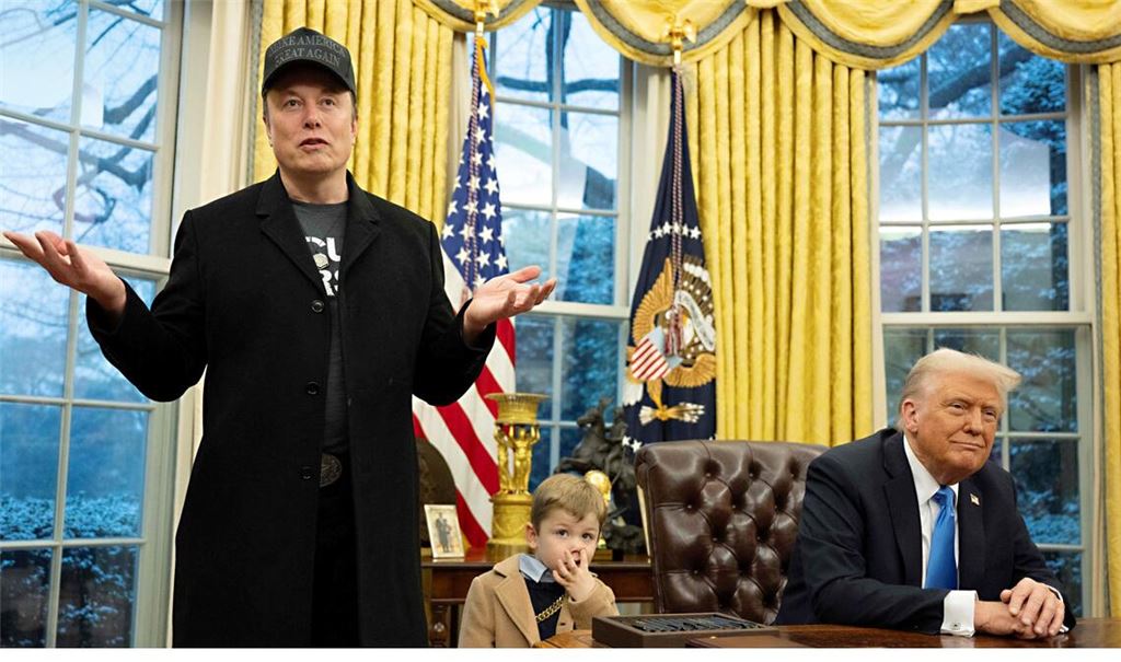 Elon Musk mit seinem Sohn  X Æ A-XII zu Besuch bei Donald Trump (re.) im Weißen Haus