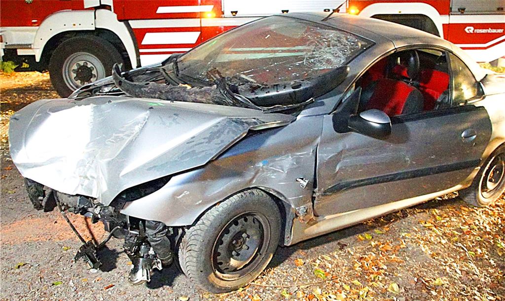 Ende einer Verfolgungsjagd in Wiernsheim: Der Peugeot bleibt nach dem Aufprall gegen einen Baum demoliert auf einem Waldweg liegen. Foto: Einsatz-Report 24