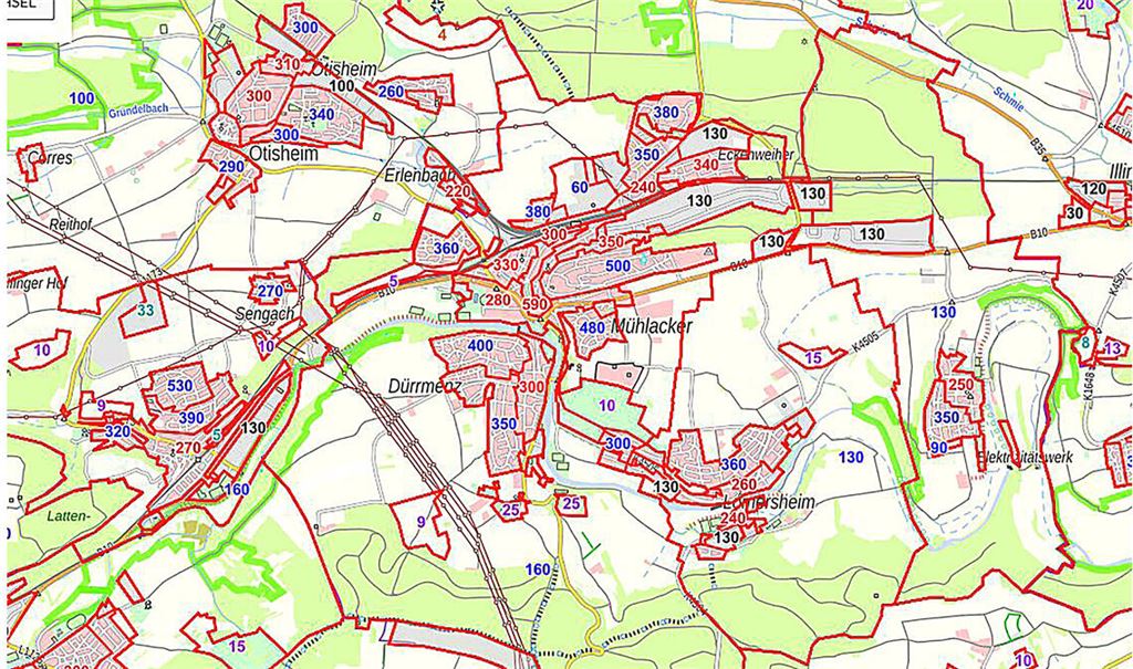 Entwicklung: Seit Juli haben sich in einigen Teilbereichen Mühlackers die Bodenrichtwerte bereits wieder nach oben verändert (siehe Karte unten). Screenshots: Eier/www.Gutachterausschuesse-bw.de