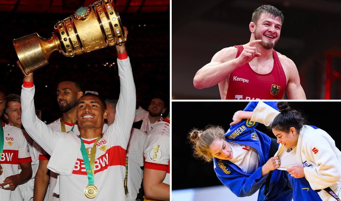 Enzo Millot (li.) holte mit dem VfB Stuttgart den DFB-Pokal, Ringer Lucas Lazogianis gewann drei wichtige Titel, Judoka Sara-Joy Bauer wurde Vize-Europameisterin.