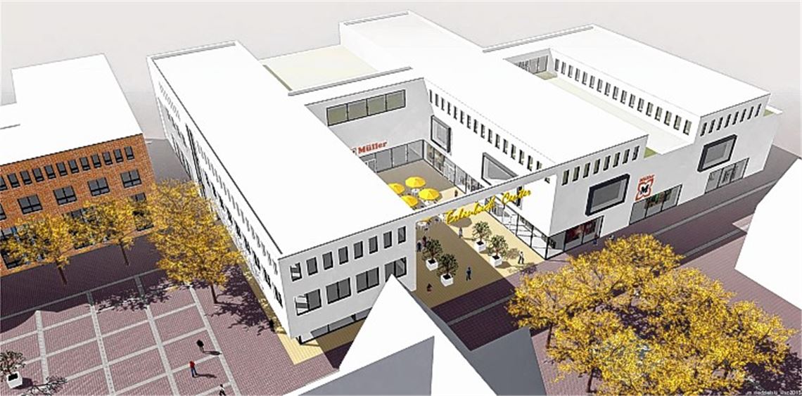 Ersatz für den Mühlehof: Neben dem Rathaus (li.) soll ein Gebäude mit drei Stockwerken, einer klaren Gliederung und einem Innenhof entstehen.Animation: M. Niedzielski