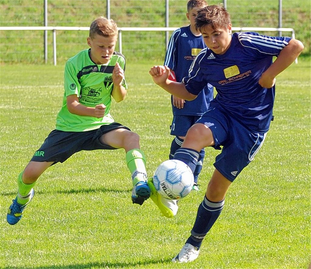 Erst im Endspiel um den Carl-Schaefer-Cup wird die D-Jugend des TSV Phönix Lomersheim (blaue Trikots) von der SGV Freiberg mit 0:2 gestoppt. Foto: Fotomoment