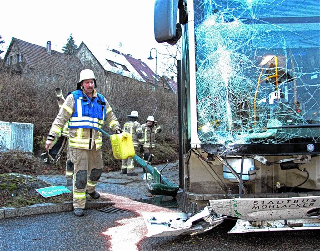 Erst reißt der Stadtbus ein Schild auf der Stuttgarter Straße in Mühlacker um, schleift es mit sich und kommt dann in einem Grünstreifen zum Stehen.