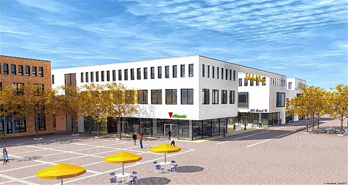 Erste Eindrücke: So soll der neue Gebäudekomplex mit dem Arbeitstitel „Erlenbach-Center“ aussehen. Zwischen den Gebäudeteilen liegt ein Innenhof, in dem ein Café angesiedelt werden könnte.