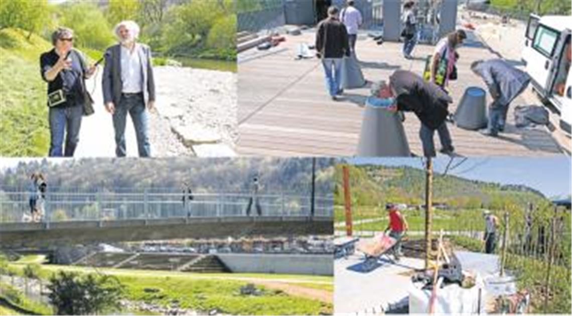 Erste Eindrücke vor dem offiziellen Startschuss für die kleine Gartenschau in Horb am Neckar am 20. Mai (v. oben li. im Uhrzeigersinn): Professor Hubert Möhrle, Vorsitzender der Förderungsgesellschaft für die Gartenschauen im Land, schwärmt im Gespräch mit dem SWR vom renaturierten Fluss und beschwört die Chancen des Grünprojekts. Am neuen Flusskraftwerk, das im Zuge der Gartenschau entstanden ist und das rund 600 Haushalte mit Ökostrom versorgt, kann man durch spezielle Fenster ins Innenleben der Energiemaschine blicken. Landschaftsgärtner bereiten einen Staudengarten vor. Am Ufer des Neckar sind Freitreppen, Terrassen und neue Wege entstanden. Horb rechnet mit 200000 Besuchern, die sich das Neckarblühen bis 18. September anschauen. Fotos: Disselhoff