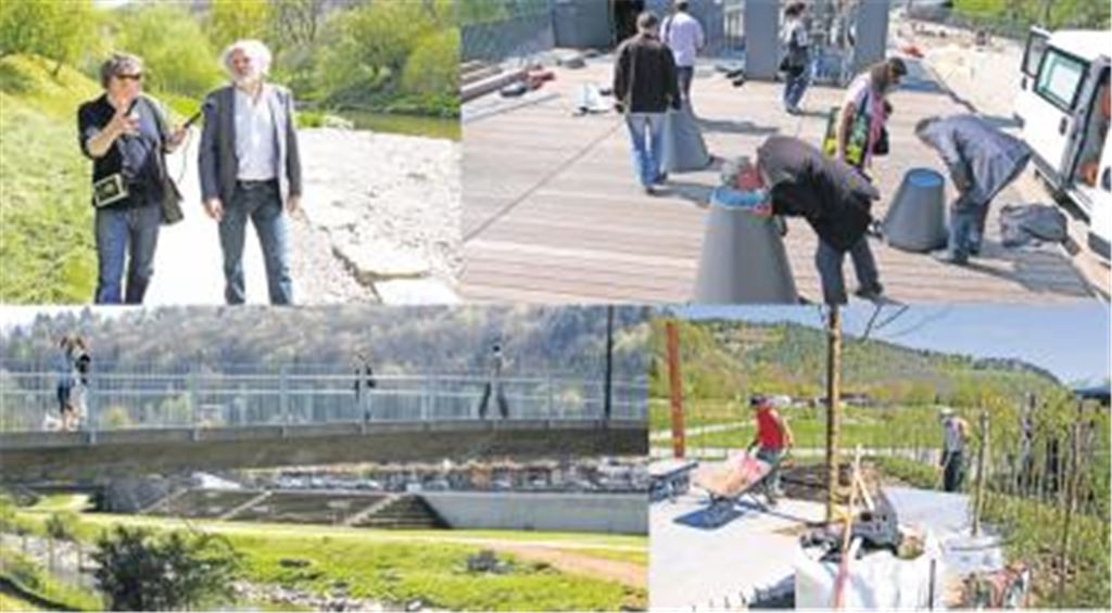 Erste Eindrücke vor dem offiziellen Startschuss für die kleine Gartenschau in Horb am Neckar am 20. Mai (v. oben li. im Uhrzeigersinn): Professor Hubert Möhrle, Vorsitzender der Förderungsgesellschaft für die Gartenschauen im Land, schwärmt im Gespräch mit dem SWR vom renaturierten Fluss und beschwört die Chancen des Grünprojekts. Am neuen Flusskraftwerk, das im Zuge der Gartenschau entstanden ist und das rund 600 Haushalte mit Ökostrom versorgt, kann man durch spezielle Fenster ins Innenleben der Energiemaschine blicken. Landschaftsgärtner bereiten einen Staudengarten vor. Am Ufer des Neckar sind Freitreppen, Terrassen und neue Wege entstanden. Horb rechnet mit 200000 Besuchern, die sich das Neckarblühen bis 18. September anschauen. Fotos: Disselhoff
