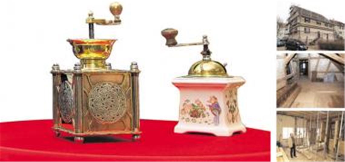 Es geht voran: Das alte Pfarrhaus in Wiernsheim präsentiert sich derzeit als Baustelle  außen wie innen. Ab August oder September soll hier das neue Kaffeemühlen-Museum eine überregionale Attraktion darstellen. Ortsbaumeister Klaus Bischoff (in der künftigen Kaffeestube) erläutert das Bauprojekt, das unter anderem den Einbau eines Aufzugs vorsieht. Fotos: Franz (3), Hansen