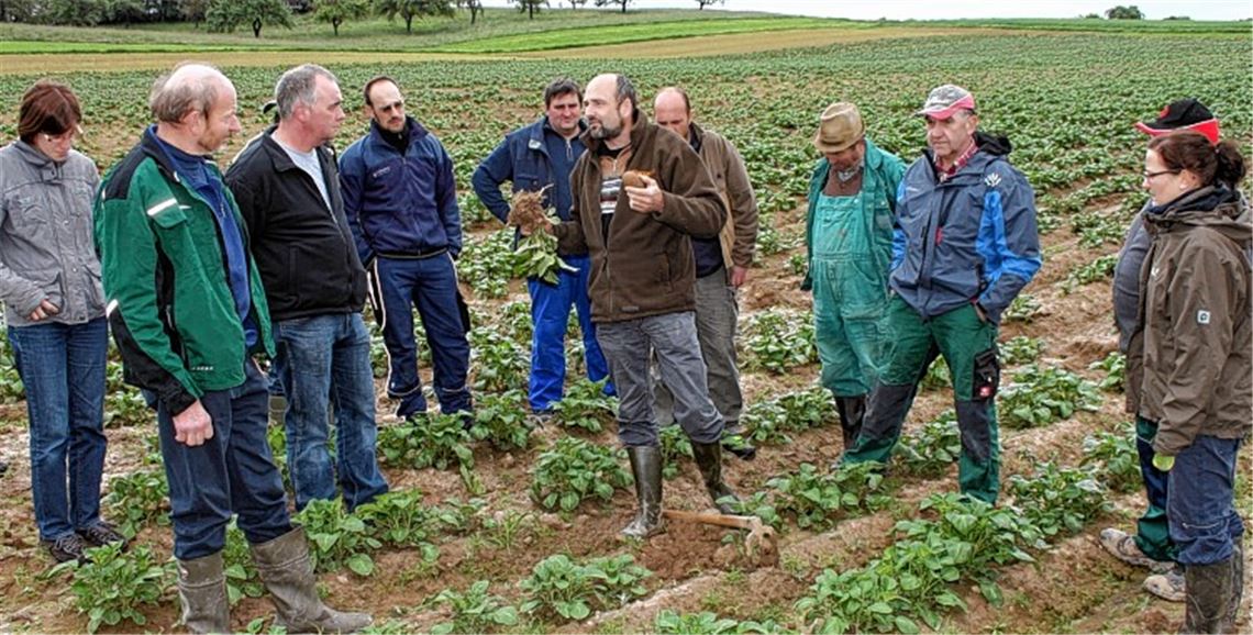 Etwas gedulden müssen sich Karl Stahl (2. v. li.) und die Enzkreislandwirte, bevor es richtig rein in die Kartoffeln geht. Passende Anbautipps liefert ihnen Berater Mark Mitschke (Mitte). Foto: Zachmann