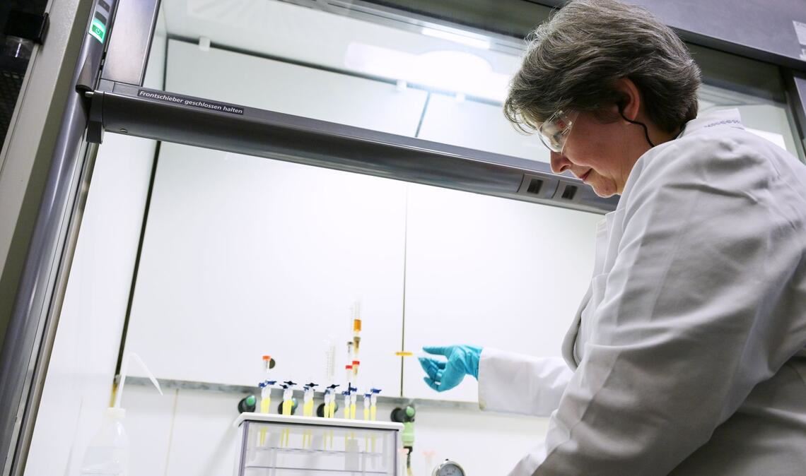 Eva Kabai, Leiterin des Radioökologie-Labors, befüllt eine Vakuumbox mit einer Salatprobe, um die Strahlenbelastung zu messen.