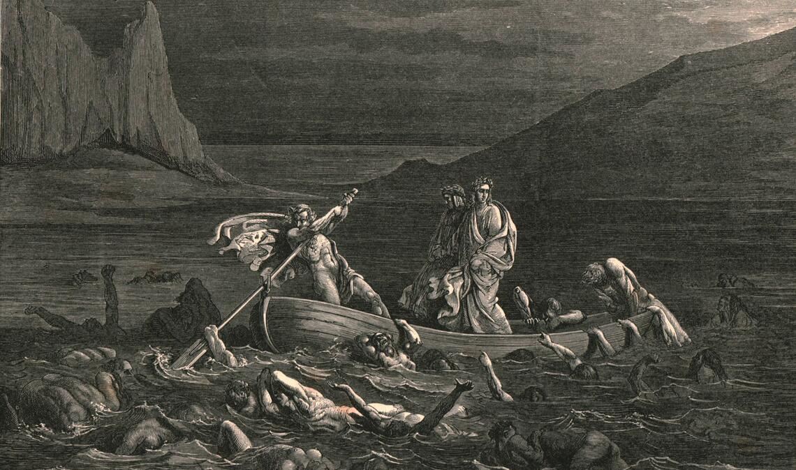 Fahrt in die Unterwelt: Der  Fährmann Charon bringt den Dichter Dante Alighier über den  Styx, der die Ober- von der Unterwelt trennt (Druck aus der Holzstichsammlung von Gustave Doré zu Dantes „Göttliche Komödie“/„Divina Commedia“ von 1861).