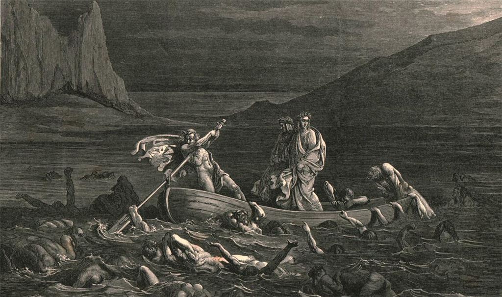 Fahrt in die Unterwelt: Der  Fährmann Charon bringt den Dichter Dante Alighier über den  Styx, der die Ober- von der Unterwelt trennt (Druck aus der Holzstichsammlung von Gustave Doré zu Dantes „Göttliche Komödie“/„Divina Commedia“ von 1861).