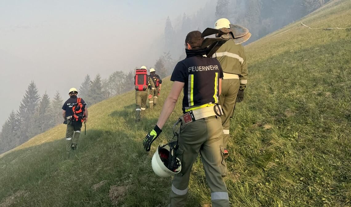 Feuerwehrleute bekämpfen einen Waldbrand in den Bergen im Kärntner Lesachtal in Österreich.