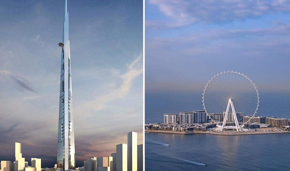 Fischer befestigt Megaprojekte in der Golfregion: Der Jeddah Tower in Saudi-Arabien, das künftig höchste Gebäude der Welt, soll 2028 eröffnet werden. Das Riesenrad Ain Dubai gibt es schon seit 2021.