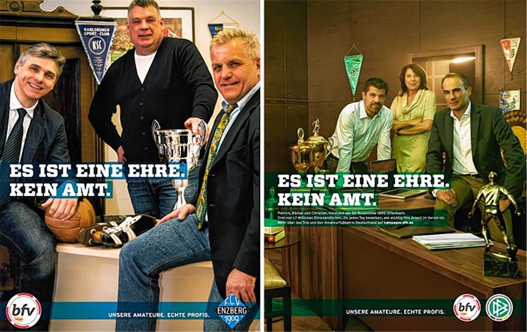 Frank Alber, Heinz Voges und Jürgen Fix (v.li.) zeigen den Werbeprofis, wie ihre Kampagne für ehrenamtliches Engagement im Amateurfußball auch von Amateuren umgesetzt werden kann. 