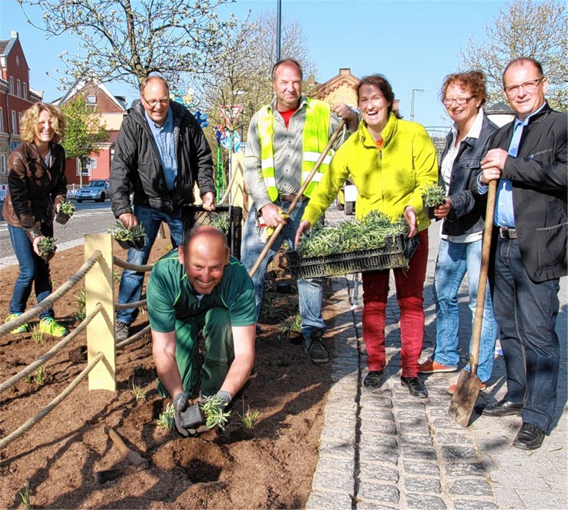 Fröhliche Gesichter beim Bepflanzen des neuen Beets (v. li.): Inga Gallob (Stadtverwaltung), Tobias Nonnenmann, Alexander Gerwald von der Firma Brüstle, Martin Rudolf, Jenny Mannhardt, Petra Herrling (Stadtverwaltung) und Bürgermeister Winfried Abicht. Foto: Sadler