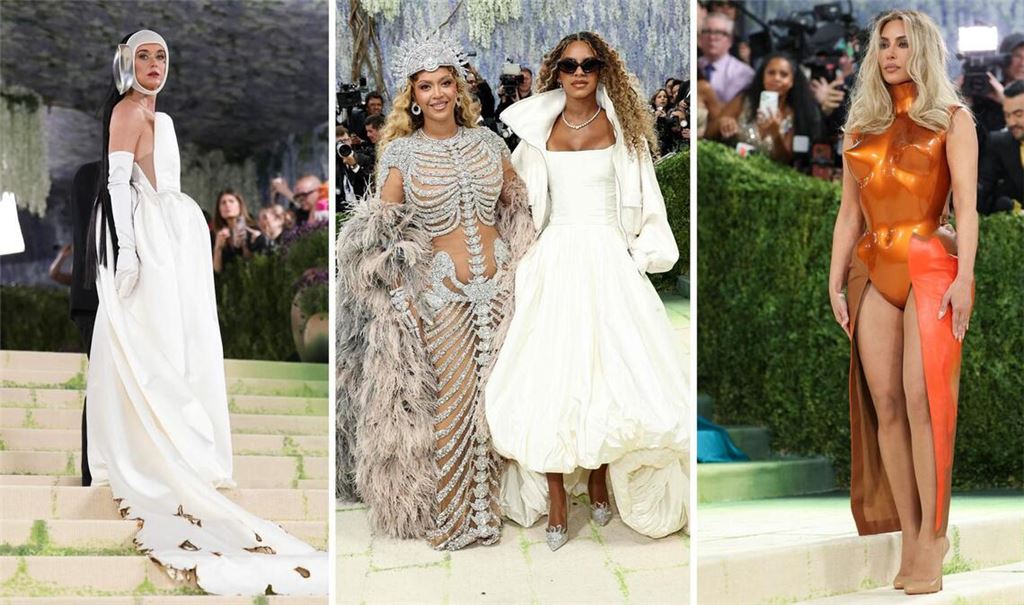 Gaben für die Met Gala modisch Gas (von links): Katy Perry, Beyoncé mit ihrer Tochter Blue Ivy und Kim Kardashian.