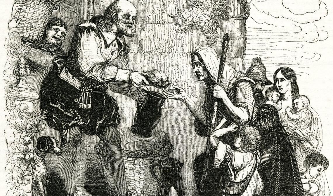 "Geben ist seliger als Nehmen", heißt es in der Bibel (Apostelgeschichte Kapitel 20, Vers 35): Ein reicher Mann verschenkt Brot an Arme (Druck aus dem 16. Jahrhundert).