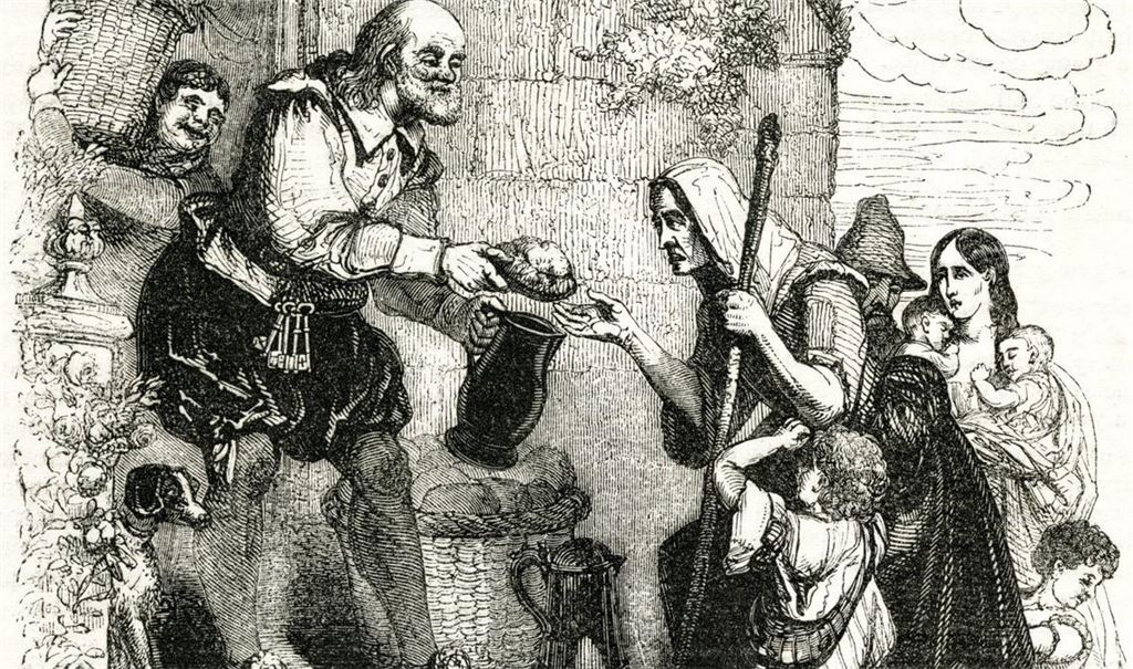 "Geben ist seliger als Nehmen", heißt es in der Bibel (Apostelgeschichte Kapitel 20, Vers 35): Ein reicher Mann verschenkt Brot an Arme (Druck aus dem 16. Jahrhundert).