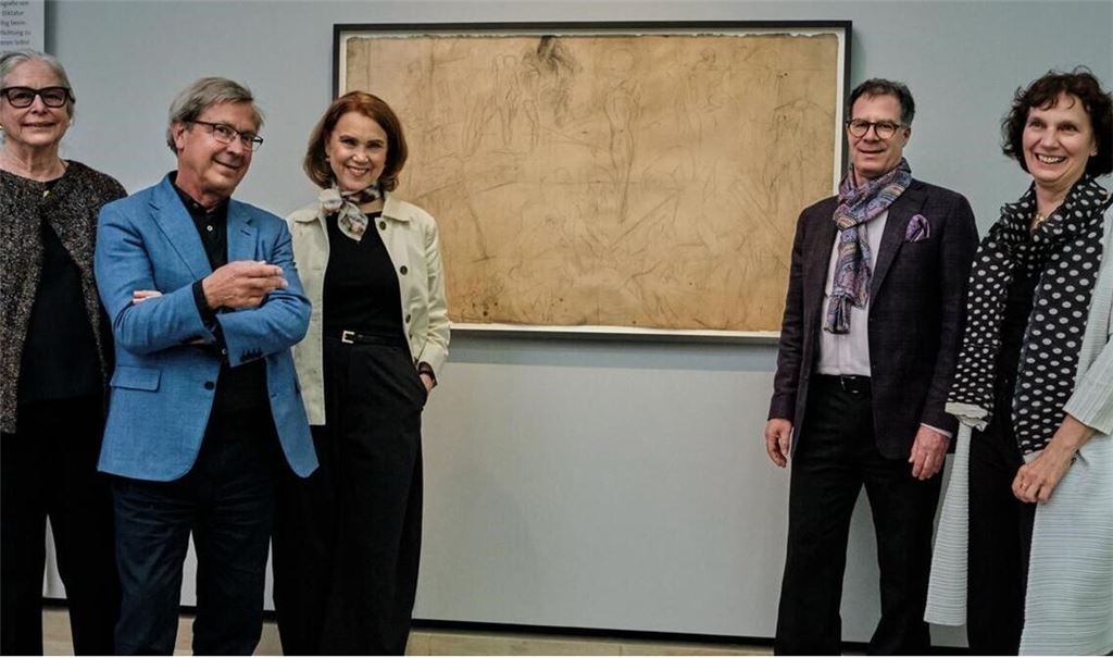 Gemeinsame Freude über Ankauf der „Auferstehung“-Studie: Max Beckmanns Enkelin Mayen Beckmann, Wolfgang Wittrock (Ferdinand-Möller-Stiftung), Wissenschaftsministerin Petra Olschowski,  Martin Hoernes (Ernst von Siemens Stiftung) und Staatsgalerie-Direktorin Christiane Lange (von links)