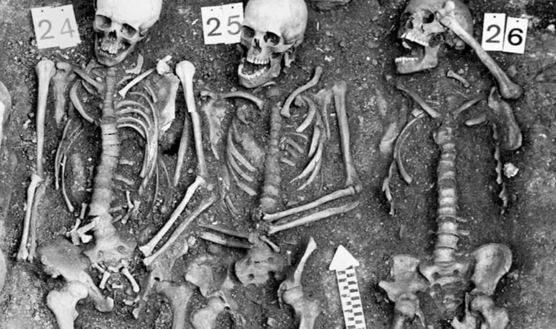 Gemeinschaftsgrab von Pestopfern auf dem Friedhof Sogn Pieder in Domat/Ems in der Schweiz. Die Bestattung wird mit einer Pestepidemie während des Dreißigjährigen Krieges um 1629 bis 1631 in Verbindung gebracht. Aus den Überresten von Individuum 24 konnte das vollständige Genom von Yersinia pestis rekonstruiert werden 