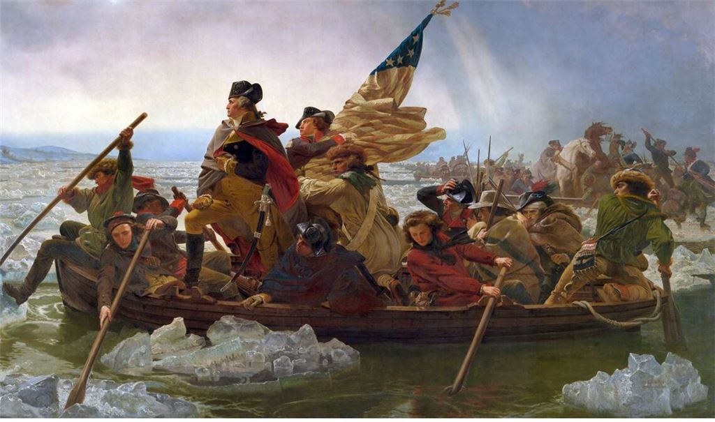 George Washington überquert mit seinen Truppen im Winter 1776 den Delaware River (Gemälde von Emanuel Leutze, 1851).