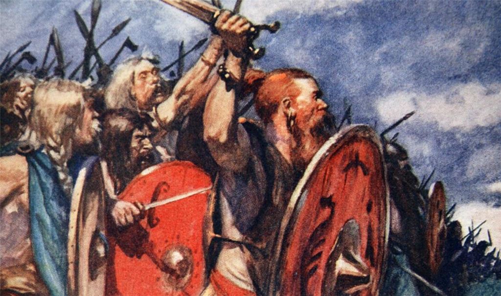 Germanische Stammeskrieger gehen auf die Römer los (Zeichnung von Arthur C. Michael, 1913).