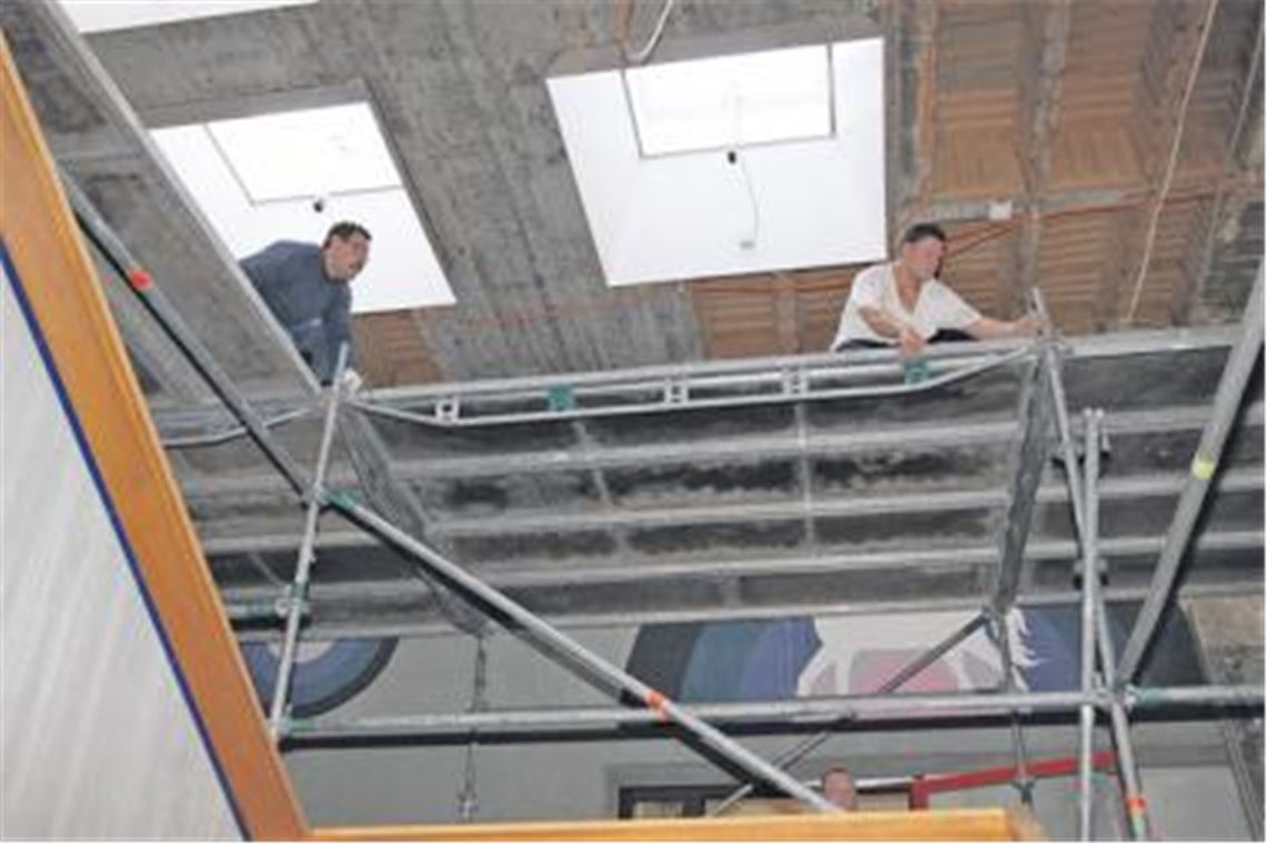 Gerüstarbeiten in einem der oberen Geschosse des alten Hauptgebäudes des THG.
Foto: Sadler