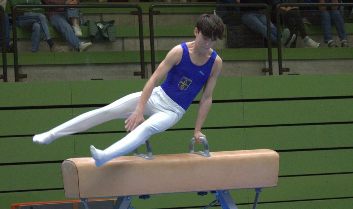 Gespannt verfolgen die Zuschauer in der Enztalhalle das Duell des TV Mühlacker gegen die WTG Heckengäu. Hier ist Matteo Melter am Pferd für den TVM im Einsatz. Fotos: Gießler