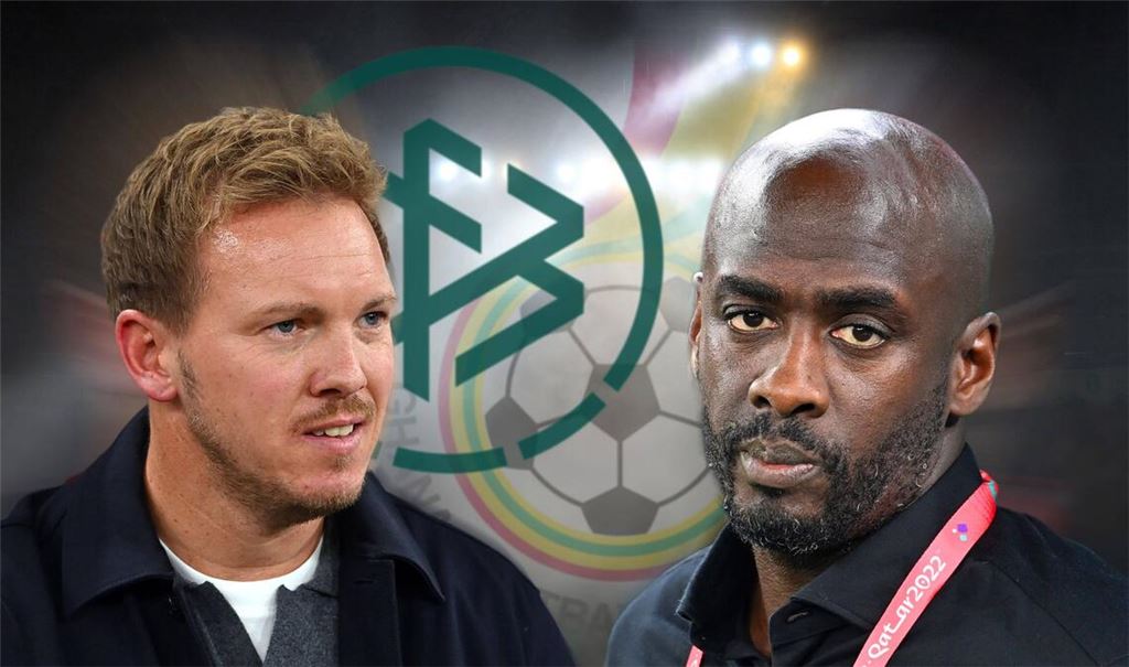 Ghanas Chefcoach Otto Addo (re.) fordert an diesem Montag in Stuttgart die deutsche Fußball-Nationalelf von Bundestrainer Julian Nagelsmann heraus.