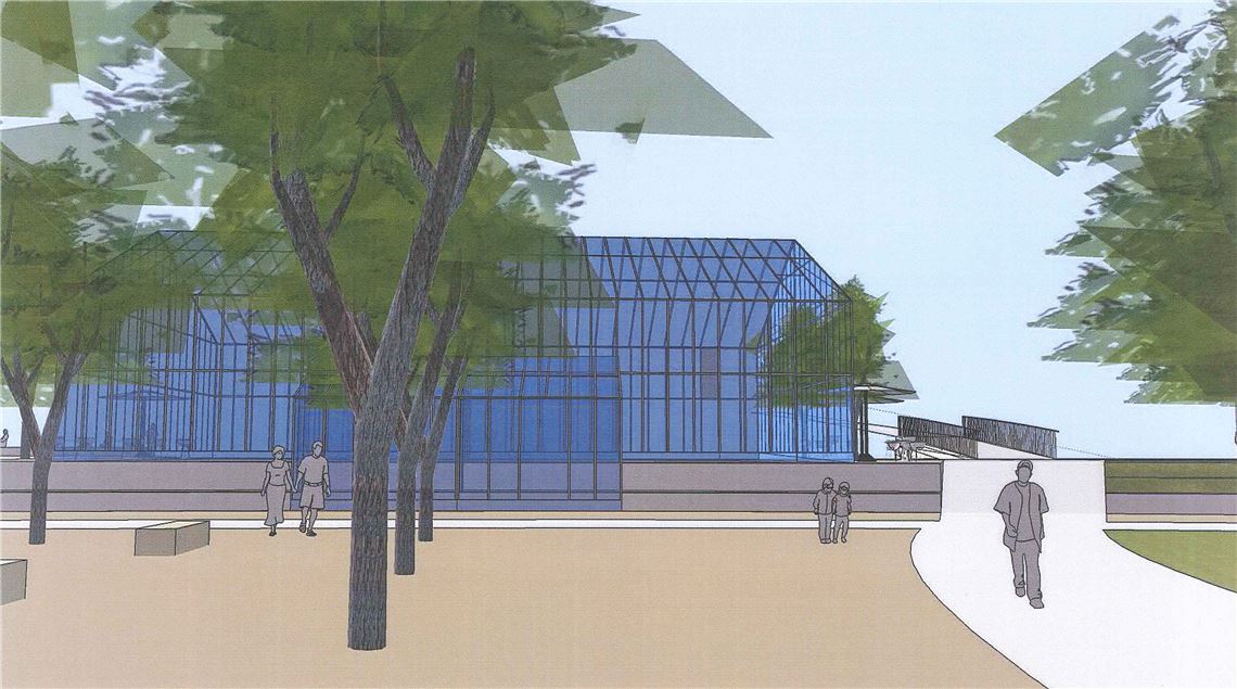 Gläserne Gaststätte: In einem Gewächshaus soll das Restaurant, das bis zur Gartenschau beim Waldensersteg gebaut wird, untergebracht sein.  Animation: privat