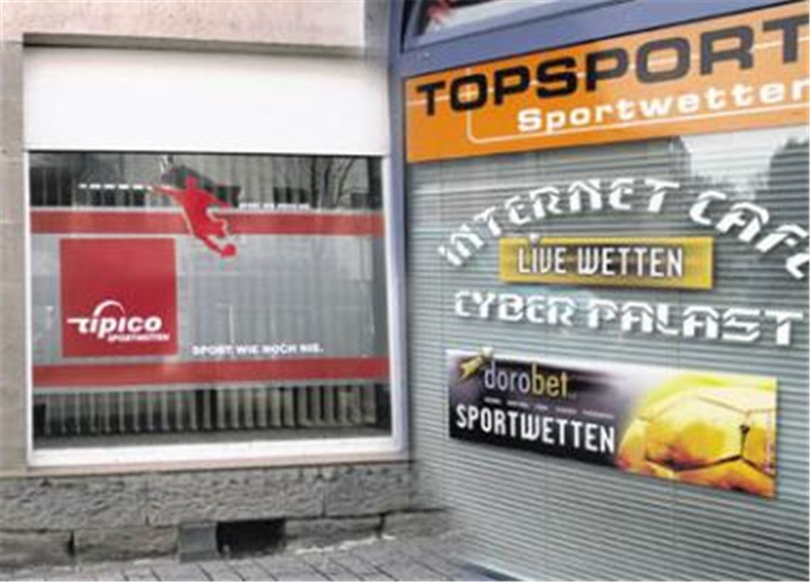 Gleich mehrere Wettbüros buhlen an der Bahnhofstraße um die Einsätze der Zocker. Montage: mt 