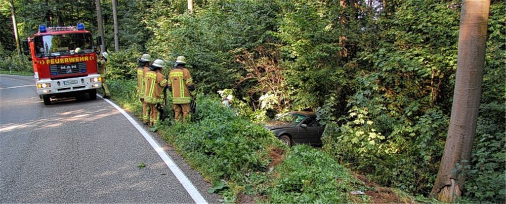Glück im Unglück: Nach einer Schleudertour auf der Plattenwaldstrecke – einem von acht Unfällen des Jahres 2012 – kann der Autofahrer unverletzt aus seinem Wagen klettern.Archivfoto: Recken