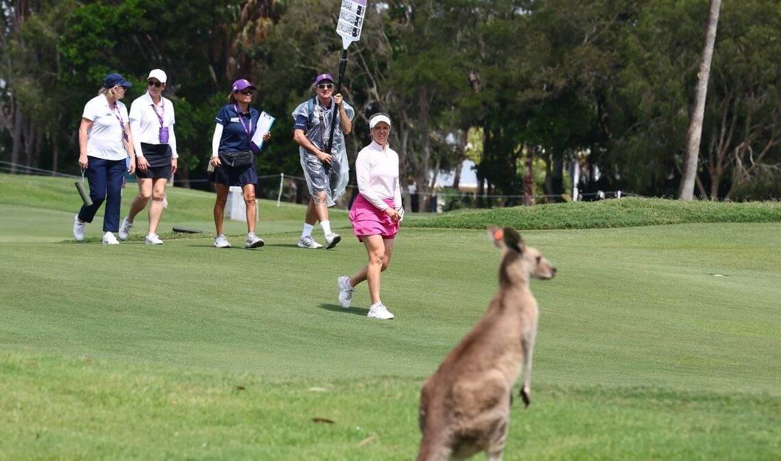 Gold Coast (Australien): Ungewohnter Zuschauer – die Finnin Noora  Komulainen trifft in der WPGA-Finalrunde auf ein Känguru.