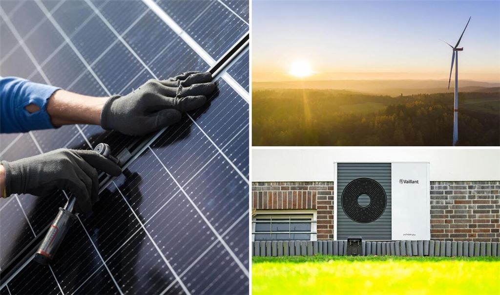 „Green Tech“ – dazu gehören Photovoltaik-Anlagen ebenso wie Windräder und Wärmepumpen. (Symbolbilder)