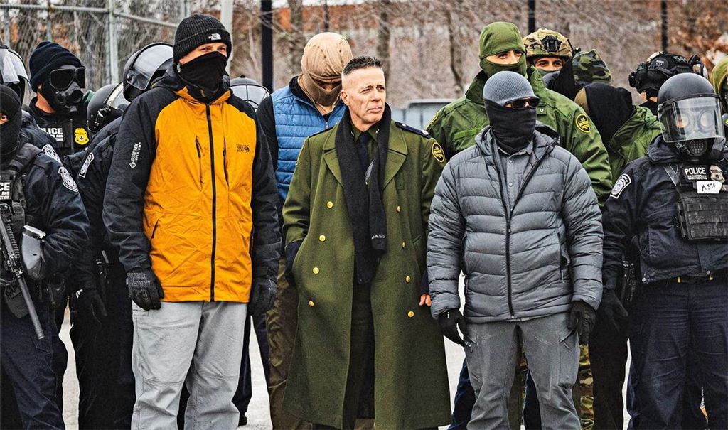 Greg Bovino (Mitte) beobachtet einen Protest in Minnesota. (Archivbild)
