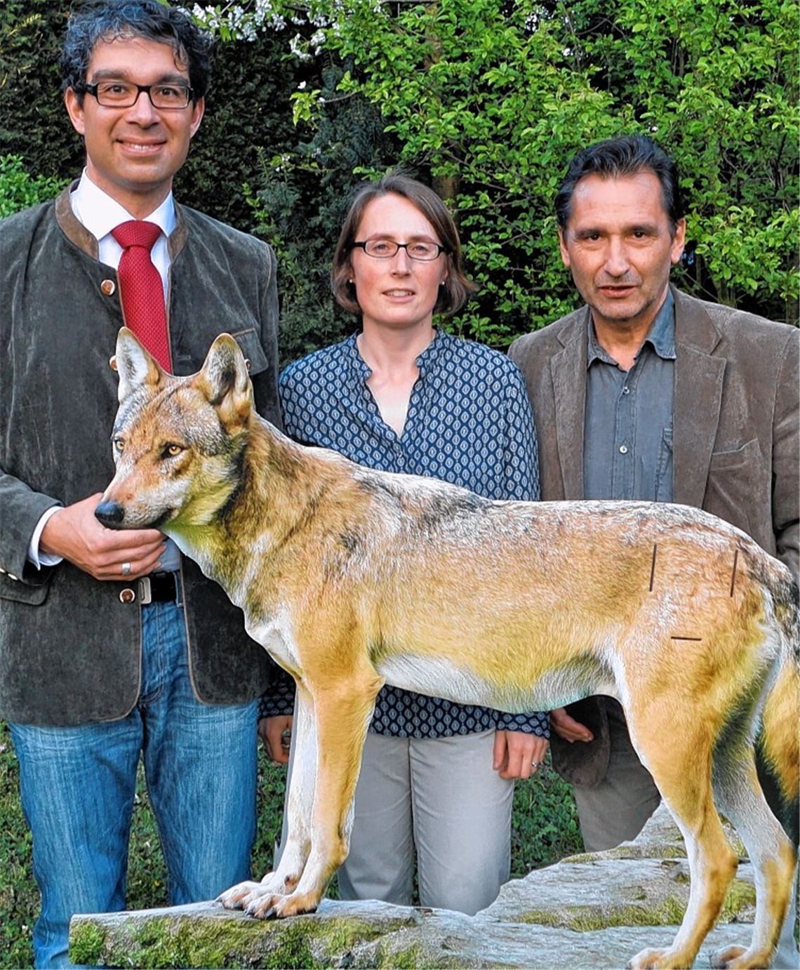 Gruppenbild mit Pappwolf (v.li.): NABU-Landesvorsitzender Dr. Andre Baumann, Isabelle Ziegler und Dr. Erhard Kirschbaum, der Erste Lions-Vizepräsident.