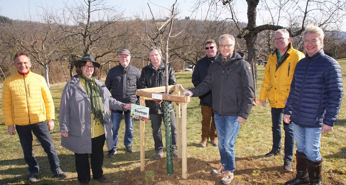 Experten betonen: Obstbäume brauchen Fürsorge Gruppenbild mit der neu gepflanzten „Ersinger Frühzwetschge“: Kämpfelbachs Bürgermeister Udo Kleiner (v. li.) mit den Vertretern des Landes- und Kreisverbandes und der Obst- und Gartenbauvereine, Sigrid Erhardt, Rolf Heinzelmann, Jürgen Metzger, Roland Gommel, Bernhard Reisch, Stephan Kaufmann und Roland Keller. Foto: Roller