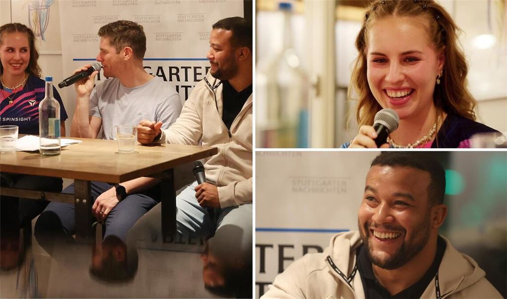 Gute Laune beim Talkabend in der Café-Bar „Gottlieb“ in Bad Cannstatt: Tischtennis-Star Annett Kaufmann, Olympia-Ringer Jello Krahmer und Moderator Dirk Preiß (Mitte).