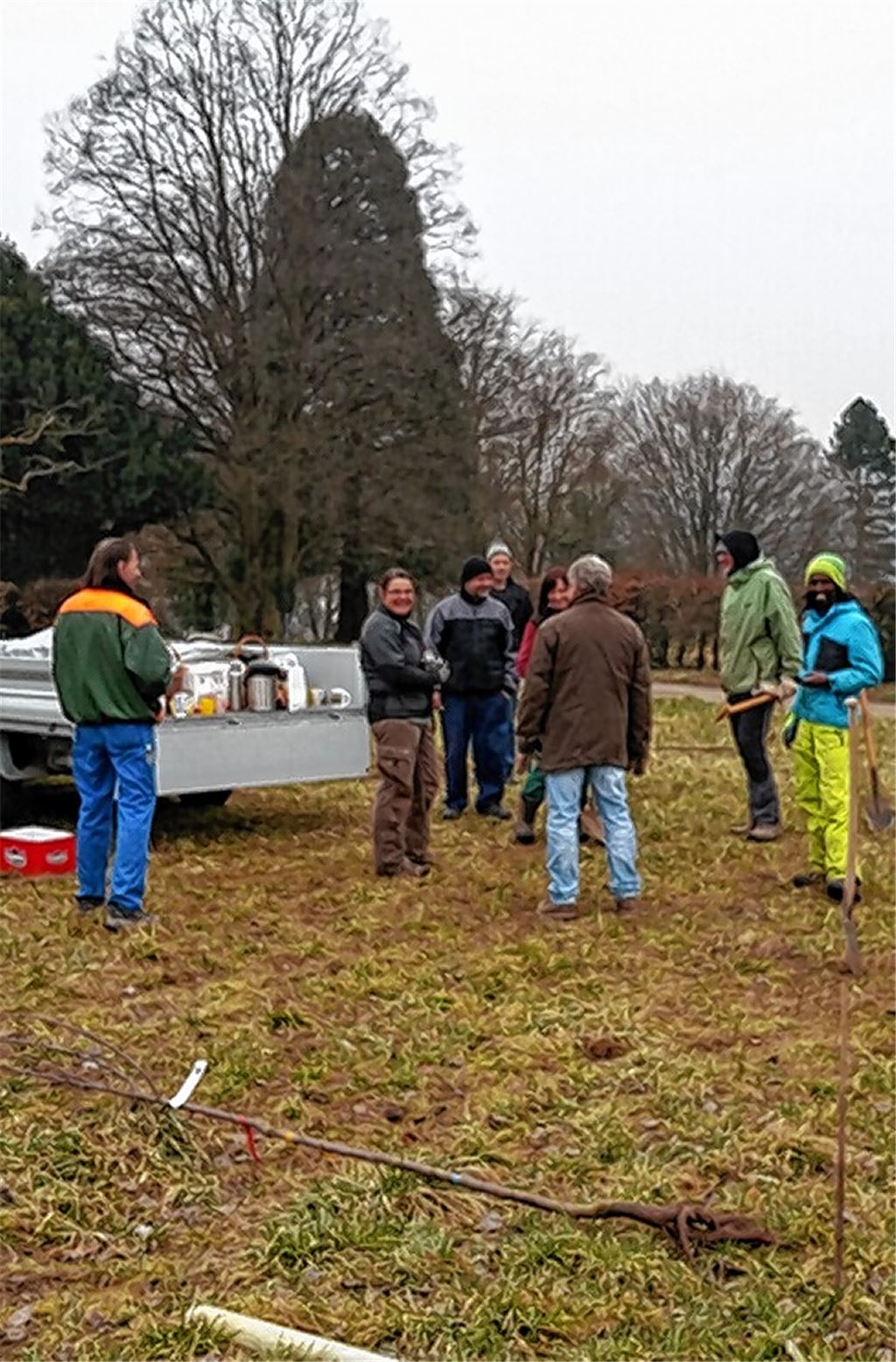 Guten Mutes haben Flüchtlinge, GSI-Mitarbeiter und Interessierte Bäume auf der Modellwiese der Initiative Streuobstwiese nahe der Burgruine Löffelstelz gepflanzt. Unbekannte haben nun über Nacht sieben dieser Bäume ausgegraben und gestohlen.