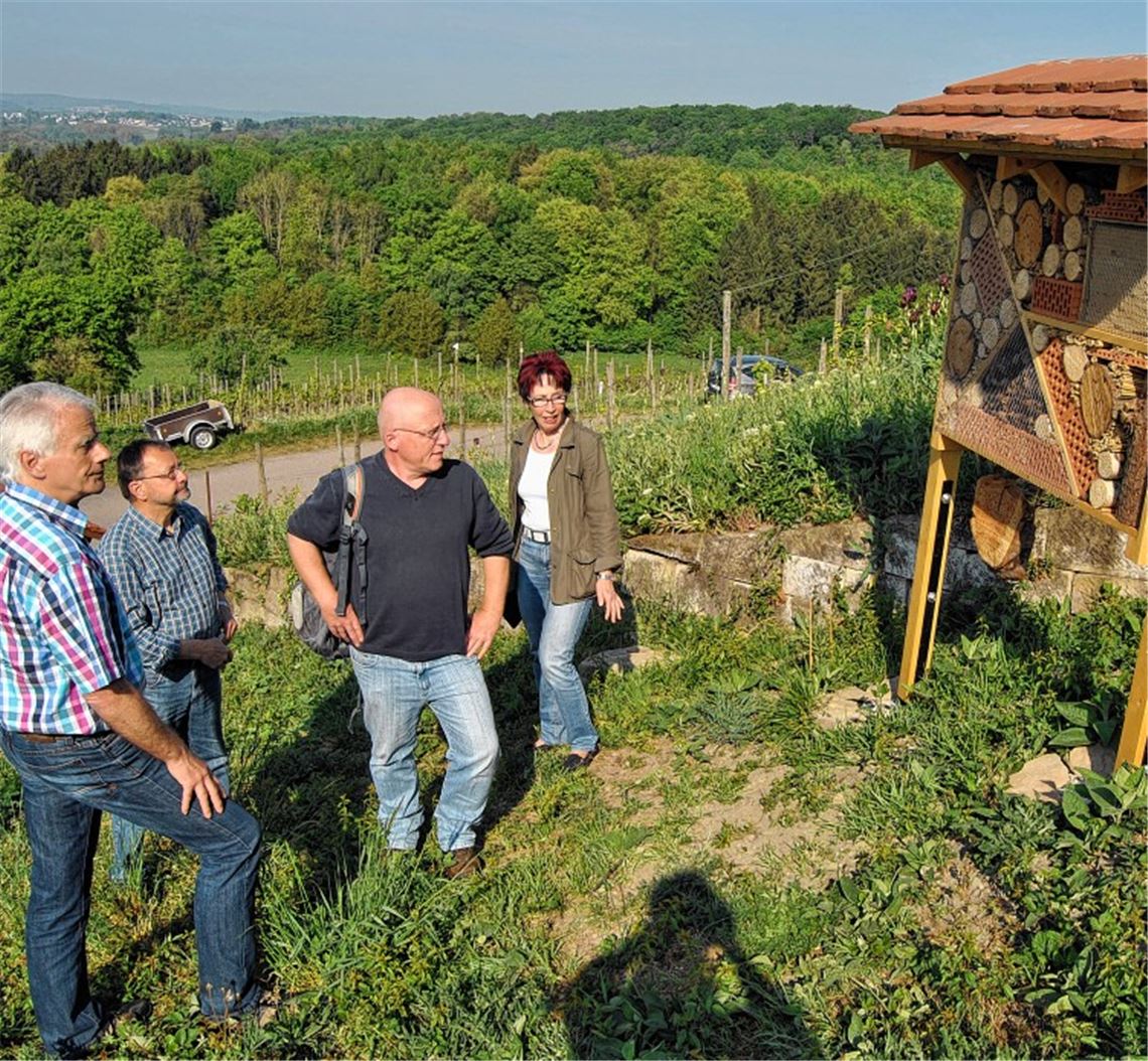 Hans Krauß (li.) und Hans Knoth (2.v.li.) haben ein Bienenhotel gebaut, das jetzt eingeweiht worden ist. Die Freudensteiner Ortsvorsteherin Waltraud Piechatzek und Frank Hemsing vom Landratsamt Enzkreis loben das Engagement der Naturfreunde. Die tierischen Gäste sind auch zufrieden: Sie sind schon eingezogen.Foto: Haller