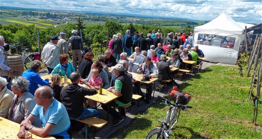 Herrliche Auszeit: Zur Mittagszeit machen viele Wanderer beim Weinfest im Dürrner Eichelberg Rast und genießen den Weitblick in die Landschaft sowie einen guten Tropfen.