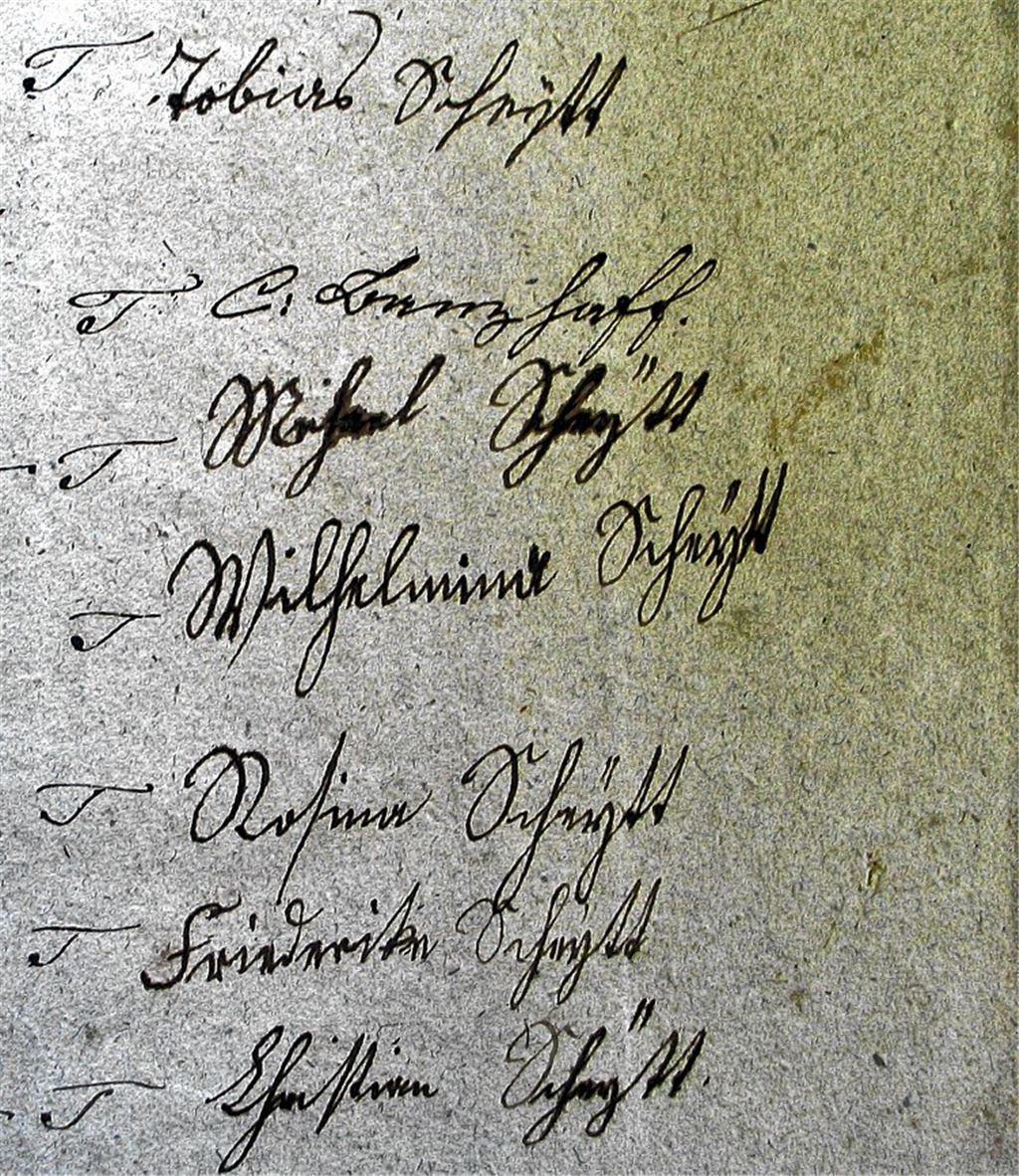 Hier unterschreiben einige der Kinder beziehungsweise ein Rechtsbevollmächtigter die Teilungsakte des Johann Michael Scheytt.