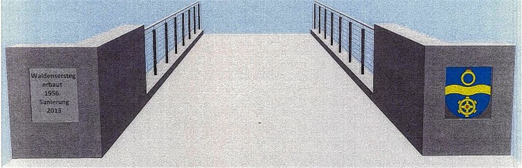 Hinweistafeln am Waldensersteg sollen laut Stadtverwaltung das Wappen der Stadt zeigen und darauf hinweisen, dass der Enzübergang 1956 gebaut und 2013 saniert worden ist. Grafik: Stadt Mühlacker