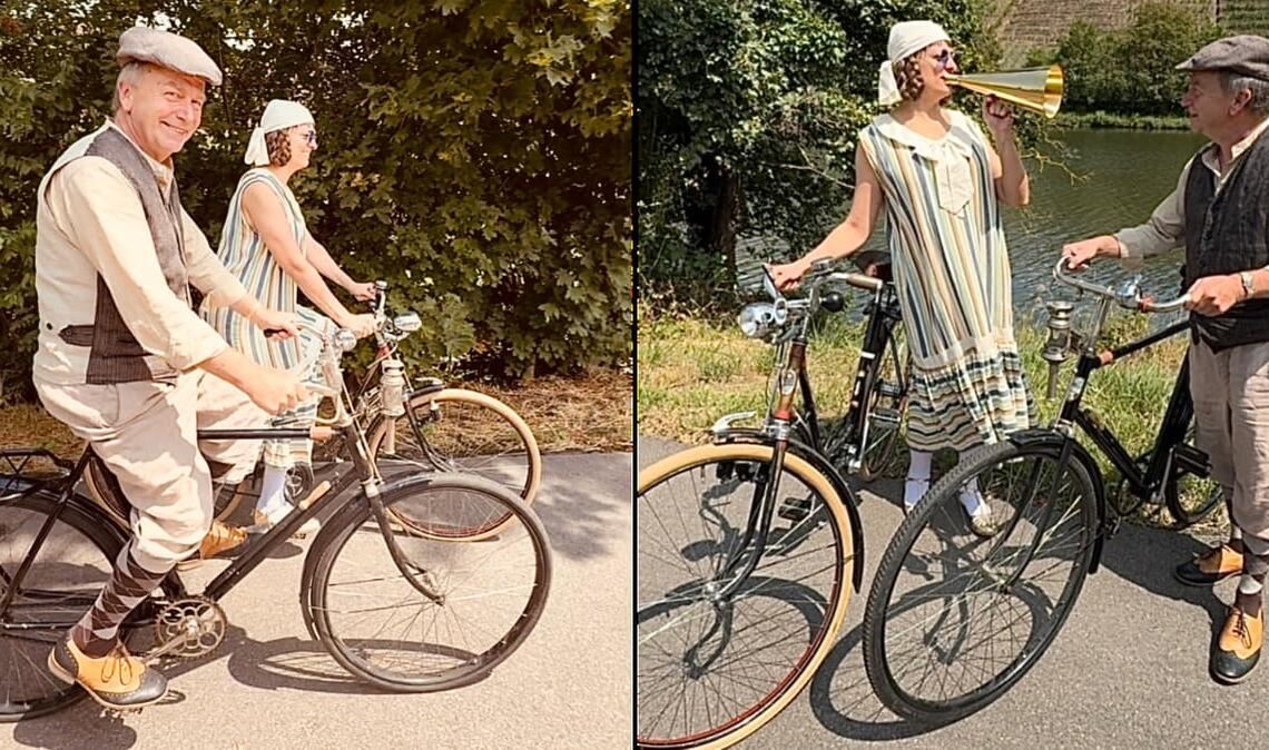 Historische Kleidung und Fahrräder sind beim ersten Tweed Ride Stuttgart zu sehen.