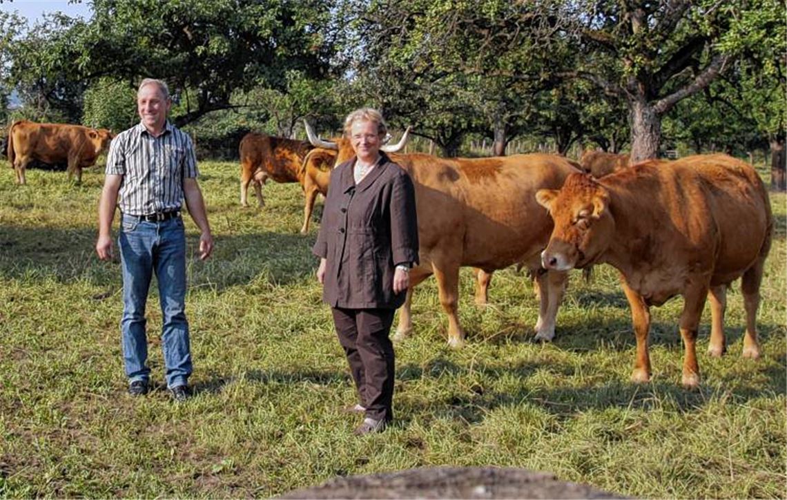 Horst Reiser posiert mit Regierungspräsidentin Nicolette Kressl vor der Mutterkuhherde. Bild re.: Im „Pflückzügle“ geht es zur Rundfahrt durch die Obstfelder in Pfinztal.