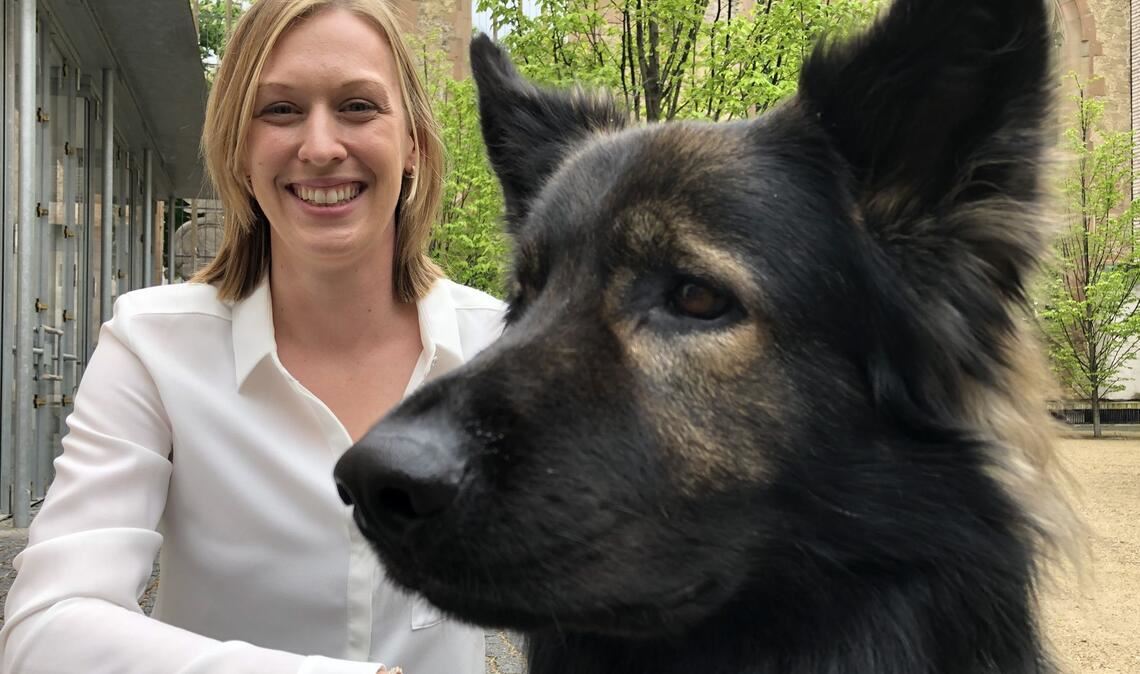 Hundeführerin Sabine Kubinski kniet im Stuttgarter Hospitalhof neben einem Therapiebegleithund. (Archivbild)